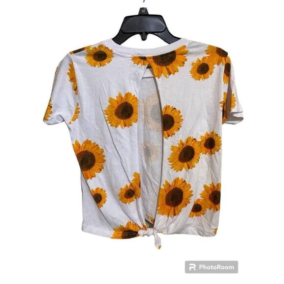 Open Tie Back Sunflower Print Cop T-Shirt Festival Y2K Coastal Beach Floral - Picture 1 of 10